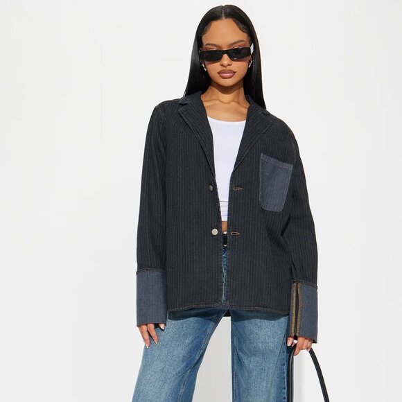 NEW! FASHION NOVA 'Nour' Pinstripe Cuffed Oversized Denim Blazer Jacket - Picture 6 of 14